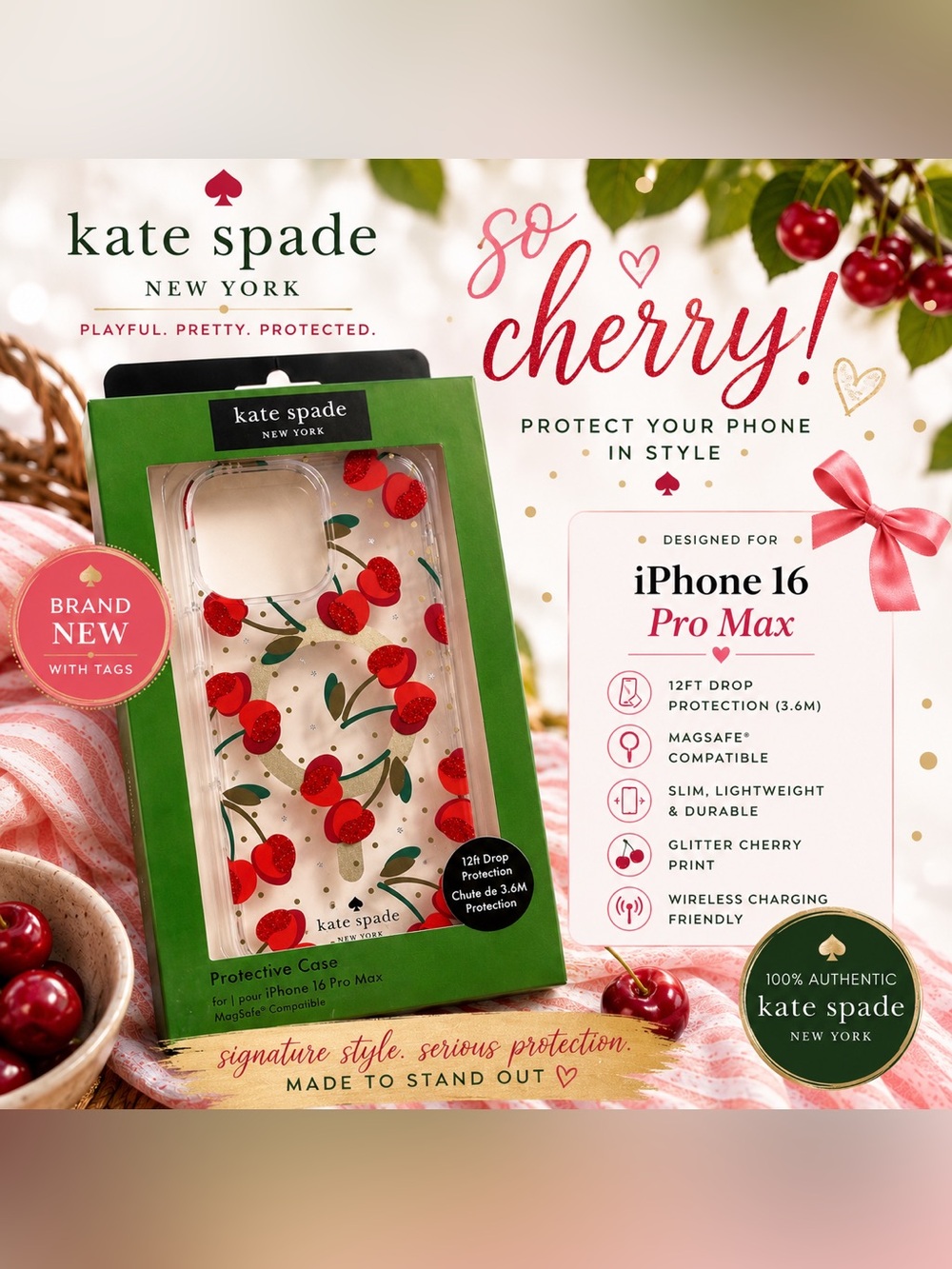 NWT Kate Spade Cherry iPhone 16 Pro Max MagSafe Case Glitter Cherry Dot